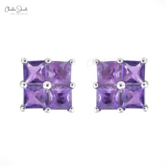 Four Stone Cluster Studs In Pure 14k White Gold Amethyst 3mm Gemstone Dainty Earrings