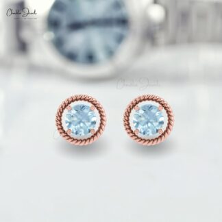 Oval Cut Solitaire Earrings In 14k Pure Gold Aquamarine March Birthstone Studs For Her