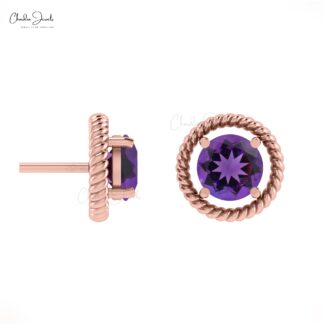 Natural Amethyst 5mm Round Cut Gemstone Handmade Studs 14k Real Gold February Birthstone Spiral Earrings Minimalist Jewelry For Gift