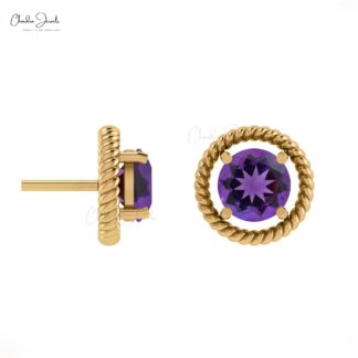 Natural Amethyst 5mm Round Cut Gemstone Handmade Studs 14k Real Gold February Birthstone Spiral Earrings Minimalist Jewelry For Gift