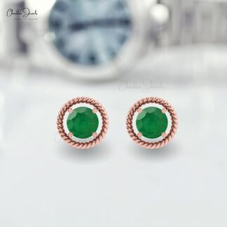 Genuine Emerald Spiral Stud Earrings 14k Solid Gold Solitaire Earrings