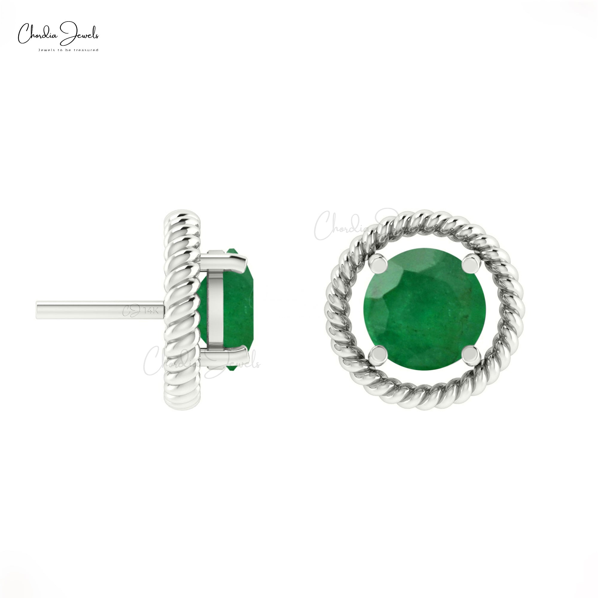 Genuine Emerald Spiral Stud Earrings 14k Solid Gold Solitaire Earrings