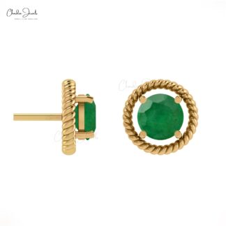 Genuine Emerald Spiral Stud Earrings 14k Solid Gold Solitaire Earrings