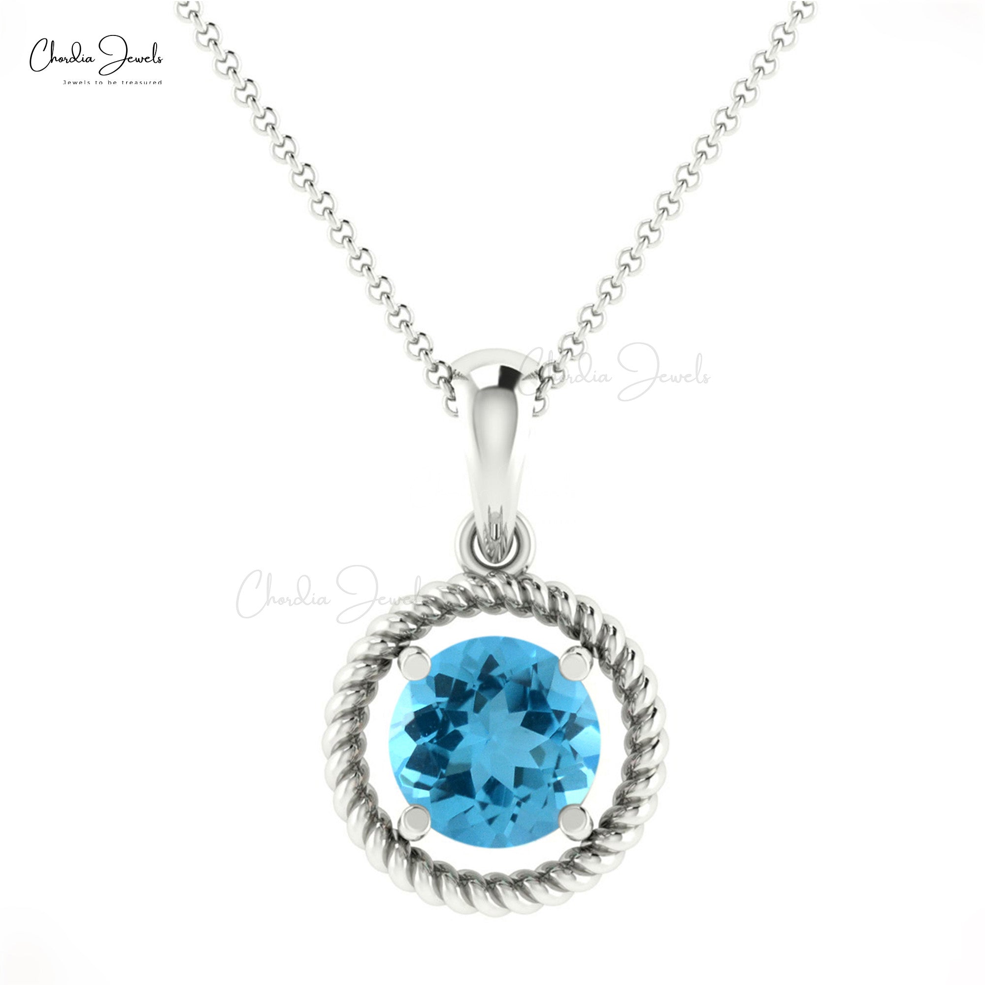 Genuine Swiss Blue Topaz Spiral Pendant 14K Hallmarked Gold Handcrafted Jewelry For Gift
