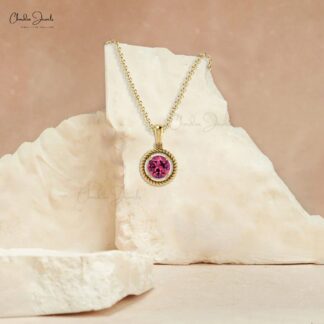Natural Pink Tourmaline Gemstone Prong Set in 14k Solid Gold Spiral Pendant