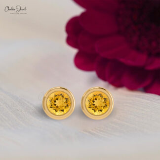 Single Stone Push Back Studs With 5mm Citrine Round Bezel Set Earrings In 14k Solid Gold