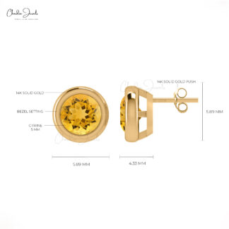Single Stone Push Back Studs With 5mm Citrine Round Bezel Set Earrings In 14k Solid Gold