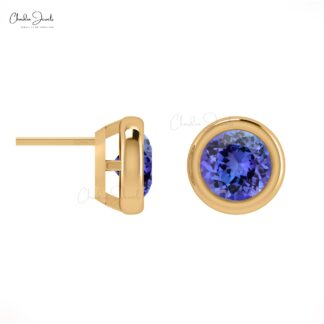 Genuine Tanzanite December Birthstone Solitaire Studs 14k Real Gold Dainty Jewelry 5mm Round Cut Push Back Earrings For Easter Day
