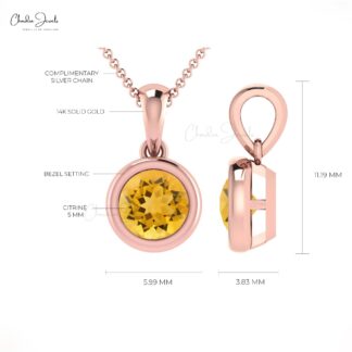 Genuine Round Cut Citrine 0.42Ct Solitaire Pendant 14k Solid Gold Charm Jewelry