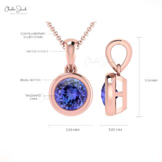 Gemstone Dangle Pendant With 5mm Tanzanite 14k Solid Gold Handmade Necklace