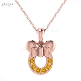 Natural Citrine 0.32Ct Round Cut Mickey Mouse Pendant 14k Solid Gold Gemstone Jewelry Gift