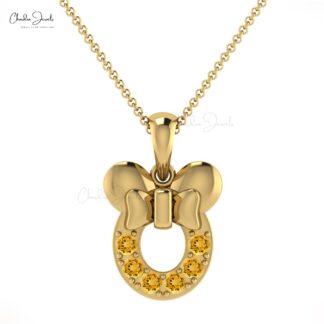 Natural Citrine 0.32Ct Round Cut Mickey Mouse Pendant 14k Solid Gold Gemstone Jewelry Gift