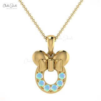 Natural Ethiopian Opal 0.18Ct Round Cut Mickey Mouse Pendant 14k Real Gold Gemstone Jewelry