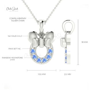 Genuine Round Rainbow Moonstone 0.2Ct Kids Pendant 14k Solid Gold Minimalist Jewelry For Her