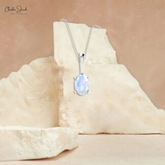 Genuine Rainbow Moonstone Prong Set In 14k Solid Gold Solitaire Pendant For Her