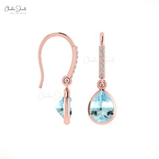 Natural 8x6mm Aquamarine and Diamond Dangle Earrings 14k Solid Gold Drop Earring For Gift