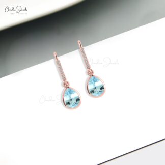 Natural 8x6mm Aquamarine and Diamond Dangle Earrings 14k Solid Gold Drop Earring For Gift