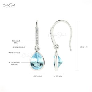 Natural 8x6mm Aquamarine and Diamond Dangle Earrings 14k Solid Gold Drop Earring For Gift