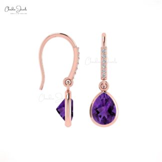 Natural Amethyst 1.9 Ct Wire Set Dangle Earrings With Fish Hook, 14k Solid Gold Diamond Hallmarked Jewelry For Wedding, 8x6mm Pear Cut February Birthstone Dainty Earrings