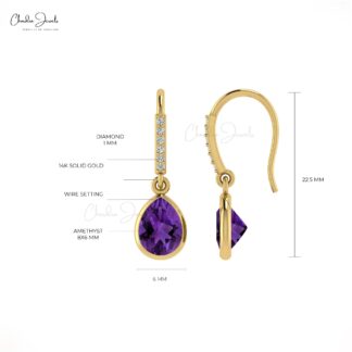 Natural Amethyst 1.9 Ct Wire Set Dangle Earrings With Fish Hook, 14k Solid Gold Diamond Hallmarked Jewelry For Wedding, 8x6mm Pear Cut February Birthstone Dainty Earrings