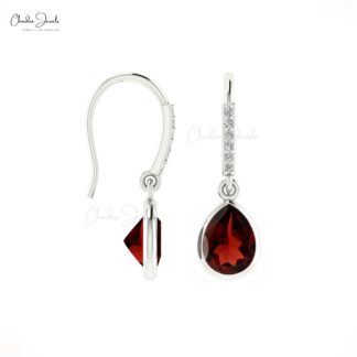 Natural Garnet & Diamonds Accent Dangle Earrings 14k Real Gold Drop Earring For Love