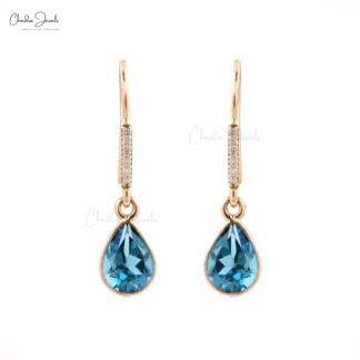 Natural London Blue Topaz Diamond Earrings 14k Solid Rose Gold Dangle Earrings For Her 8x6mm Pear Cut Gemstone Hallmarked Jewelry