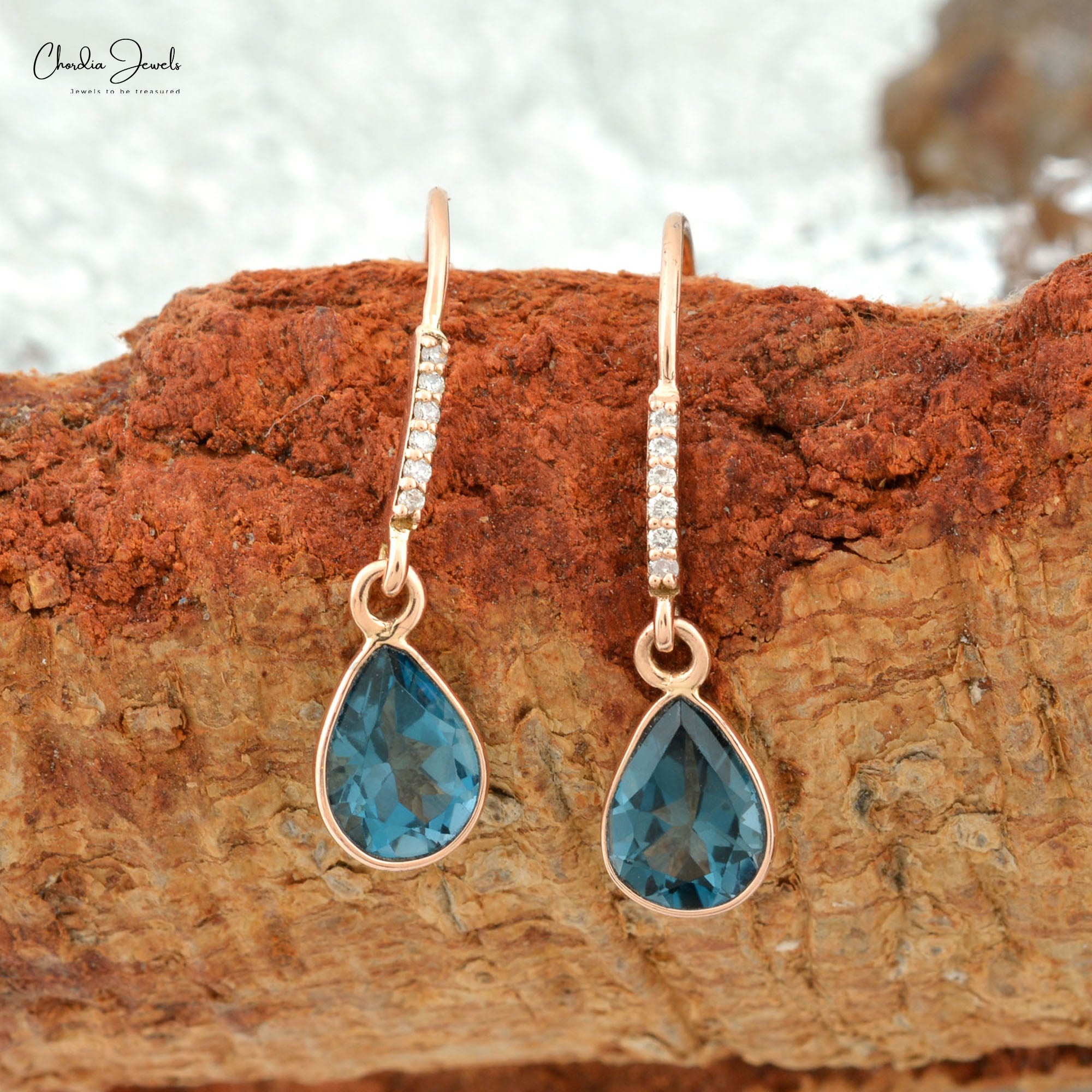 Natural London Blue Topaz Diamond Earrings 14k Solid Rose Gold Dangle Earrings For Her 8x6mm Pear Cut Gemstone Hallmarked Jewelry