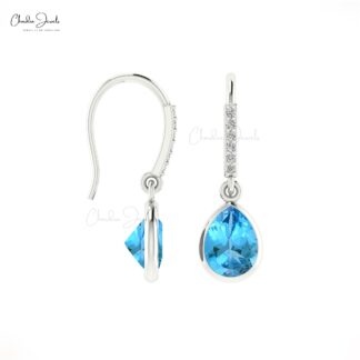 Genuine Diamond Dangle Earrings 14k Solid Gold 1.2ct Swiss Blue Topaz Drop Earring