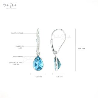 Natural Swiss Blue Topaz Diamond Earrings 14k White Gold Dangle Earrings For Her 8x6mm Pear Cut Gemstone Hallmarked Jewelry