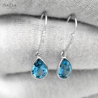 Natural Swiss Blue Topaz Diamond Earrings 14k White Gold Dangle Earrings For Her 8x6mm Pear Cut Gemstone Hallmarked Jewelry