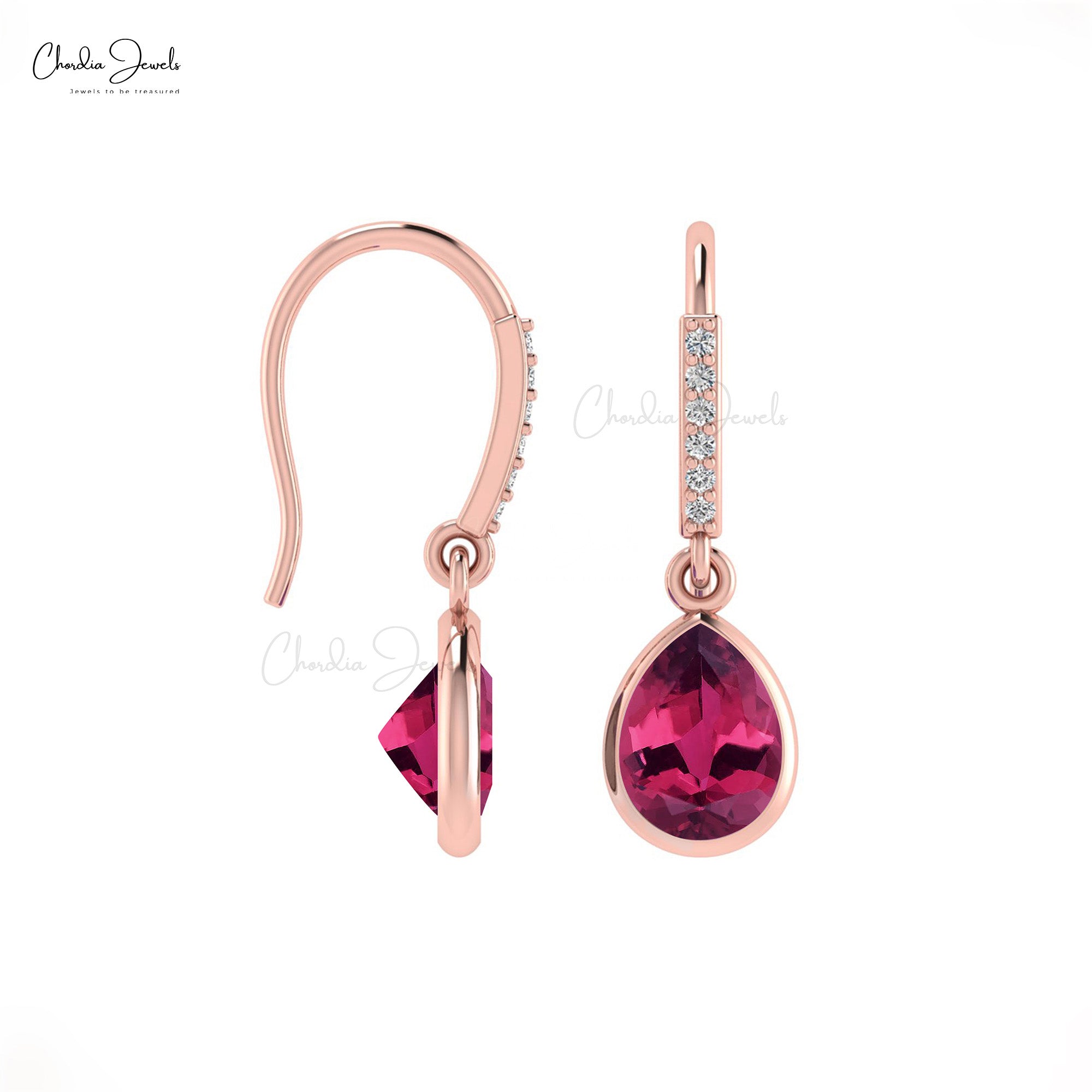 Pear Cut 8x6mm Natural Pink Tourmaline Dangle Earrings 14k Solid Gold Diamond Fish Hook Earrings For Women’s