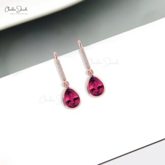 Pear Cut 8x6mm Natural Pink Tourmaline Dangle Earrings 14k Solid Gold Diamond Fish Hook Earrings For Women’s