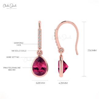 Pear Cut 8x6mm Natural Pink Tourmaline Dangle Earrings 14k Solid Gold Diamond Fish Hook Earrings For Women’s
