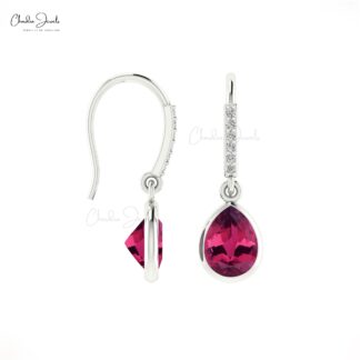 Pear Cut 8x6mm Natural Pink Tourmaline Dangle Earrings 14k Solid Gold Diamond Fish Hook Earrings For Women’s