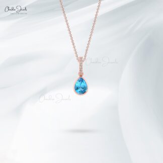 Pear Dangle Pendant in 14k Real Gold With 8x6mm Swiss Blue Topaz Diamond Pendants