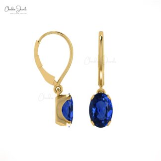 Genuine 6x4mm Blue Sapphire Dangle Earrings in 14k Solid Gold Jewelry For Women