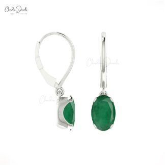 Genuine Emerald Leverback Dangling Earrings In 14k Real Gold
