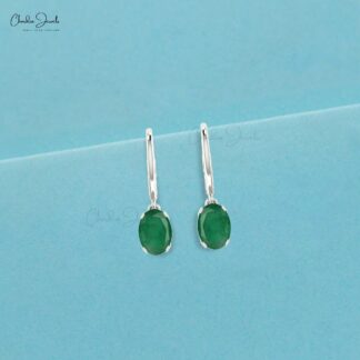 Genuine Emerald Leverback Dangling Earrings In 14k Real Gold