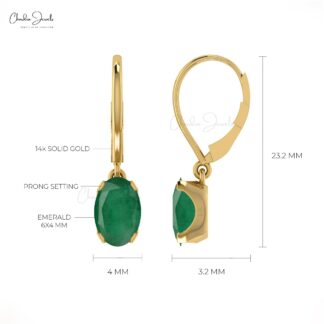 Genuine Emerald Leverback Dangling Earrings In 14k Real Gold