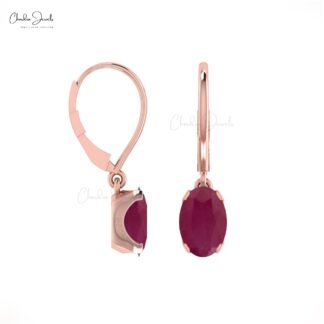 Genuine Oval Ruby July Birthstone Accents in 14k Real Gold Solitaire Dangle Earrings