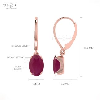 Genuine Oval Ruby July Birthstone Accents in 14k Real Gold Solitaire Dangle Earrings