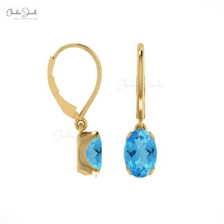 AAA Swiss Blue Topaz Dangle Earrings In 14k Solid Gold Solitaire Gemstone Fine Jewelry