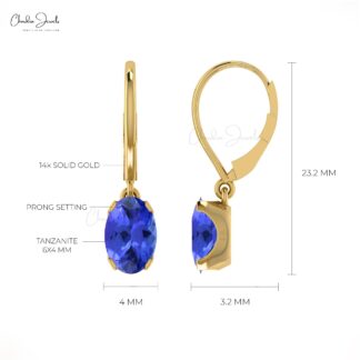 Oval Tanzanite Dangle Earrings in 14k Solid Gold December Birthstone Prong Set Earrings