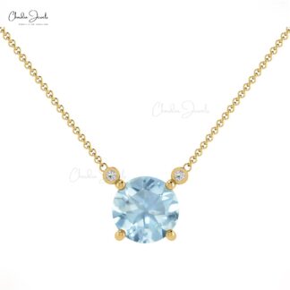 Prong Set 0.75ct Aquamarine Gemstone Necklace 14k Solid Gold Diamond Accented Dainty Necklace