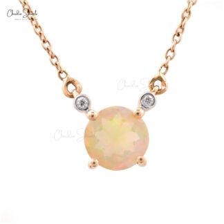 Genuine White Diamond Minimalist Necklace Pendant Ethiopian Fire Opal Gemstone Pendant Pure 14k Rose Gold Handmade Jewelry For Women