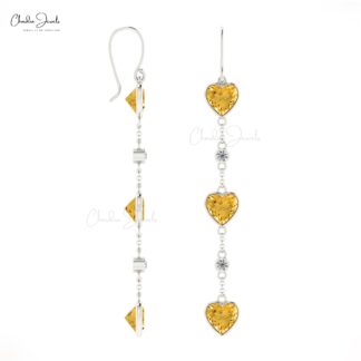 Natural 6mm Citrine Dangle Earrings in 14k Solid Gold Diamonds Accent Jewelry For Women