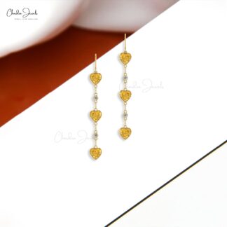 Natural 6mm Citrine Dangle Earrings in 14k Solid Gold Diamonds Accent Jewelry For Women