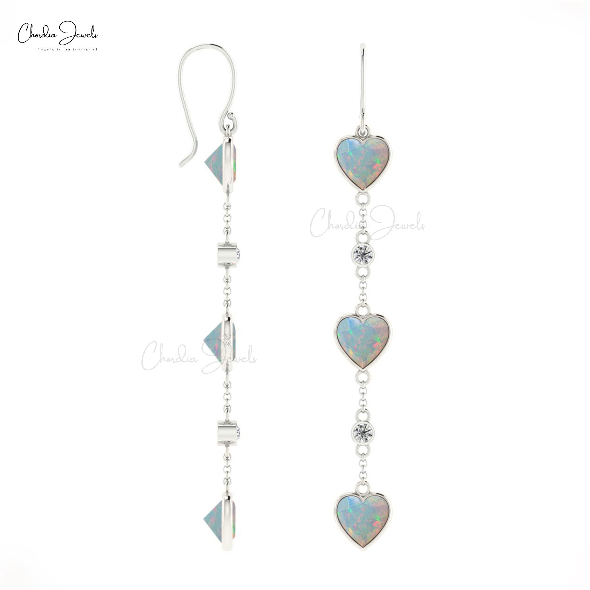Heart Shaped Opal Drop Dangle Earring With 14k Gold Chain