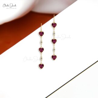 Genuine Diamond & Rhodolite Garnet Dangle Earrings 14k Solid Gold Earring For Valentine’s Day Gift