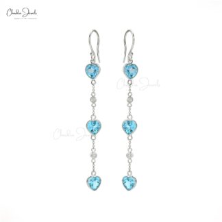 Genuine Swiss Blue Topaz Dainty Earrings 6mm Heart Cut Gemstone Dangle Earrings For Her 14k Solid White Gold Diamond Minimalist Summer Jewelry